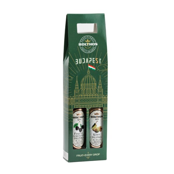 Bolyhos Pálinka Box 50% 2 x 0,04 l grün (Kirsche + Birne)