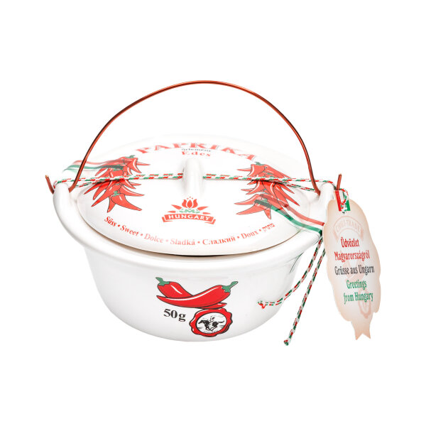 Mildes Paprikapulver im Keramik Kessel / Csemege füszerpaprika örlemeny keramia bogracsban 100 g / Chili Trade /